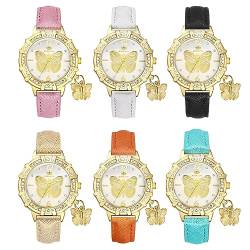 JewelryWe Uhren Damen Leder Schmetterling - 6pcs Elegant Boho Schmetterling Glitzer Strass Armbanduhr Frauen Analog Quarz Uhr mit 6 Farben Leder Armband von JewelryWe