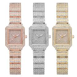 JewelryWe Uhren Damen Quadratisch Diamant: 3pcs Luxus Glitzer Strass Analog Quarz Armbanduhr Frauen Iced Out Uhr mit Rechteckigem Zifferblatt und Metall-Armband von JewelryWe