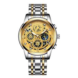 JewelryWe Uhren Herren Kalender 30m Wasserdichte Analog Quarz Armbanduhr Luxus Zahnrad Strass Römische Ziffern Geschäfts Beiläufige Uhr Herrenuhr mit Edelstahl Armband und Leuchtend Zeiger Silber/Gold von JewelryWe