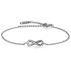 JewelryWe Unendlichkeitszeichen Armband Damen Fußkettchen: Edelstahl Lieben Infinity Unendlichkeit Zeichen Charm Armkette Armreif Fußkette mit Gravur Silber Länge Verstellbar von JewelryWe