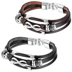 JewelryWe Unendlichkeitszeichen Lederarmband Herren Damen: 2pcs Lieben Infinity Unendlichkeit Zeichen Charm Legierung Leder geflochten Armband Armreif Surferarmband Wickelarmband Schwarz Braun Silber von JewelryWe