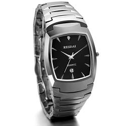 JewelryWe Vatertagsgeschenk Herren Armbanduhr, Luxus Edle Business Casual Kalender Analog Quarz Uhr mit Wolfram Wolframcarbid Armband, Silber von JewelryWe