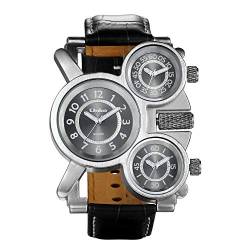 JewelryWe Vatertagsgeschenk Herren Einzigartig Übergroße Armbanduhr DREI Zeitzone Analog Quarz Uhr Sportuhr mit braun Leder Armband von JewelryWe