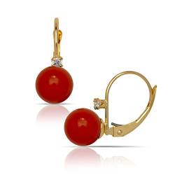 14ct Rote Koralle Gelbgold Kugel Ohrringe mit synthetischem 7 x 7 mm - 20 x 7 mm Durchmesser - JewelryWeb von JewelryWeb