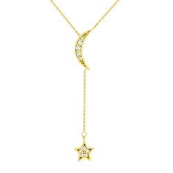 Halskette aus 14 Karat Gelbgold, 0,10 Dwt Diamant, halber himmlischer Mond und Stern, verstellbar, Schmuckgeschenke für Frauen, 46 cm von JewelryWeb