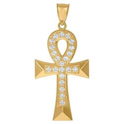 Halskette für Herren, Gelbgold, Zirkonia, künstlicher Diamant, Ankh-Kreuz, ägyptischer religiöser Charm-Anhänger, Halskette, Schmuck für Männer, Zirkonia von JewelryWeb