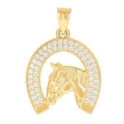 Halskette für Herren, Gelbgold, Zirkonia, künstlicher Diamant, Hufeisen, Pferdekopf, Schmuck für Männer von JewelryWeb