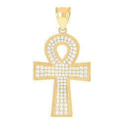 Halskette für Herren, Gelbgold, Zirkonia, künstlicher Diamant, religiöses Ankh-Kreuz, ägyptischer Charm-Anhänger, Halskette für Herren von JewelryWeb