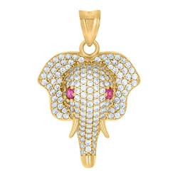 Halskette mit Elefantenkopf-Anhänger für Herren, Gelbgold, rosa-weißer Zirkonia, künstlicher Diamant, 33,6 x 21,9 mm breit, Schmuck für Herren von JewelryWeb