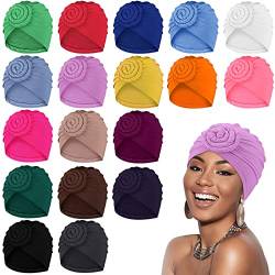 Jeyiour 18 Stück Frauen Turban Afrikanische vorgebundene Motorhaube Hairwrap Blume Knoten Motorhaube Beanie Cap Turban Kopf Wraps Stirnband Hut (neuartige Farben) von Jeyiour