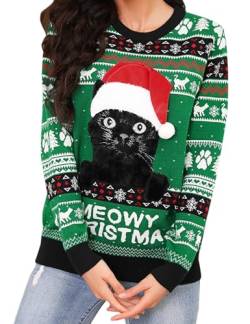 Jezonga Damen Weihnachtspullover Ugly Christmas Sweater Winter Lustig Katze Weihnachtspulli Langarm Rundhals Lose Strickpullover Grün von Jezonga