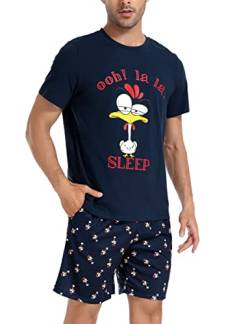 Jezonga Schlafanzug Herren Kurz Pyjama Lustig Baumwolle Shorty Nachtwäsche Zweiteilige Pyjamas mit Hahn T-Shirt und Schlafanzughose für Männer,Blau,L von Jezonga