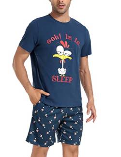 Jezonga Schlafanzug Herren Kurz Pyjama Lustig Baumwolle Shorty Nachtwäsche Zweiteilige Pyjamas mit Hahn T-Shirt und Schlafanzughose für Männer,Dunkelblau,L von Jezonga