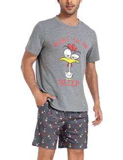 Jezonga Schlafanzug Herren Kurz Pyjama Lustig Baumwolle Shorty Nachtwäsche Zweiteilige Pyjamas mit Hahn T-Shirt und Schlafanzughose für Männer,Dunkelgrau,XL von Jezonga