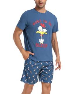 Jezonga Schlafanzug Herren Kurz Pyjama Lustig Baumwolle Shorty Nachtwäsche Zweiteilige Pyjamas mit Hahn T-Shirt und Schlafanzughose für Männer,Hellblau,XXL von Jezonga