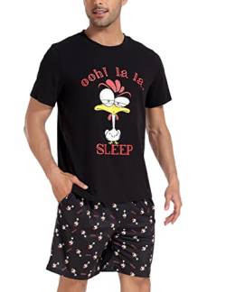 Jezonga Schlafanzug Herren Kurz Pyjama Lustig Baumwolle Shorty Nachtwäsche Zweiteilige Pyjamas mit Hahn T-Shirt und Schlafanzughose für Männer,Schwarz,L von Jezonga