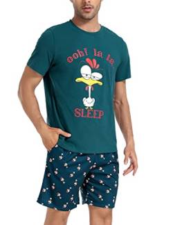 Jezonga Schlafanzug Herren Kurz Pyjama Lustig Baumwolle Shorty Nachtwäsche Zweiteilige Pyjamas mit Hahn T-Shirt und Schlafanzughose für Männer,Türkis,L von Jezonga