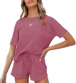 Jhsnjnr Damen-Schlafanzug, Shorts, Set mit Taschen, Waffelstrick, kurzärmelig, Lounge-Top, Nachtwäsche, Pyjama-Sets, rose, 46 von Jhsnjnr