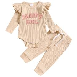 JiAmy Baby Mädchen Kleidung Rüschen Langarm Spitze Strampler Daddys Girl Bodysuit und Lange Hosen 2tlg Outfits für 6-9 Monate, Beige von JiAmy