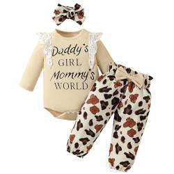 JiAmy Baby Mädchen Kleidung Set, Kinder Rüschen Langarm Spitze Strampler Daddy's Girl Mommy's World Bodysuit Lange Hosen mit Stirnband 3tlg Outfits für 12-18 Monate, Leopard von JiAmy