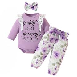 JiAmy Baby Mädchen Kleidung Set, Kinder Rüschen Langarm Spitze Strampler Daddy's Girl Mommy's World Bodysuit Lange Hosen mit Stirnband 3tlg Outfits für 12-18 Monate, Lila von JiAmy