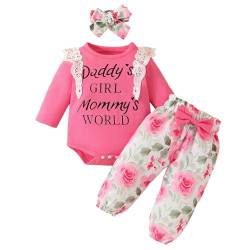 JiAmy Baby Mädchen Kleidung Set, Rüschen Langarm Spitze Strampler Daddy's Girl Mommy's World Bodysuit Lange Hosen mit Stirnband 3tlg Outfits für 9-12 Monate, Rose2 von JiAmy