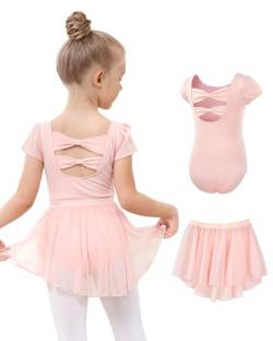 JiAmy Ballettkleidung Mädchen, Ballettkleid Mädchen Ballettanzug, Baumwolle Kurzarm Balletttrikot Turnanzug Tanzbody + Chiffon Wickelrock Tütü Rock Tanzkleid 2tlg für Kinder 3-11Jahre von JiAmy