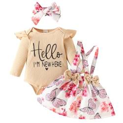 JiAmy Kleinkind Baby Mädchen Kleidung Rüschen Langarm Spitze Strampler Daddys Girl Bodysuit Trägerrock mit Stirnband 3tlg Outfits für 6-9 Monate, Beige von JiAmy