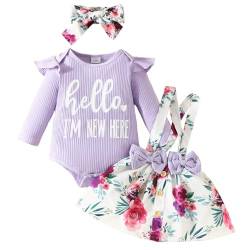 JiAmy Kleinkind Baby Mädchen Kleidung Rüschen Langarm Spitze Strampler Daddys Girl Bodysuit Trägerrock mit Stirnband 3tlg Outfits für 9-12 Monate, Lila von JiAmy