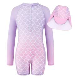 JiAmy Mädchen Badeanzug UV Schutz Einteiler Schwimmanzug mit Sonnenhut Langarm Reißverschluss Bademode Badeanzüge für Kinder 8-9 Jahre von JiAmy