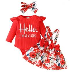 JiAmy Neugeborene Baby Mädchen Kleidung Rüschen Langarm Spitze Strampler Daddys Girl Bodysuit Trägerrock mit Stirnband 3tlg Outfits für 0-3 Monate, Rot von JiAmy