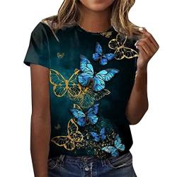 Bluse Damen Elegant Oberteile Tshirt Damen Lässige Oberteile mit 3D Rosen Schmetterlings Druck Sommer Tops Kurzärmliges T Shirt mit O Ausschnitt Floralen Motiven Hemden Basic Shirt Longshirt Damen von JiJiRuDU