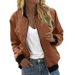 Damen Jacke Kurz Langarm Bomberjacke Leichte Dünne Fliegerjacke Motorradjacke Einfarbig Übergangsjacke Blouson Outwear für Fruhling Sommer Herbst Kaffee von JiJiRuDU