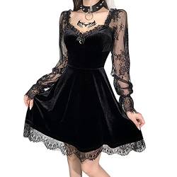 Frauen Gotische Kleid Lace Mini Minikleid Lange Ärmel Kleid Grunge Velvet Harajuku Vintage Punk Kleidung Sommer Goth Kleid, Damen Kleid Sommer Gothic Kleid T Shirt Kleid (Black, S) von JiJiRuDU