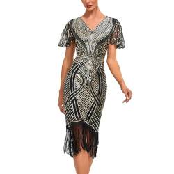 JiJiRuDU 1920s Charleston Kleid Damen Knielang Flapper Kleid Perlen Fransen Gatsby Cocktail Party Kostüm Kleid 20er Jahre Cocktailkleid Abendkleid Partykleid Damen Fasching Kostüm Paillettenkleider von JiJiRuDU