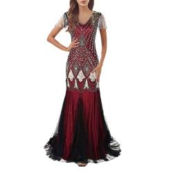 JiJiRuDU 20er Jahre Retro Meerjungfrau Abschlussballkleid Charleston Kleid Flapper Kleid Pailletten Perlen Tüll Lange Gatsby Cocktail Party Kostüm Kleid Cocktailkleid Damen Fasching Kostüm Kleid von JiJiRuDU