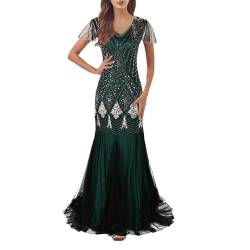 JiJiRuDU 20er Jahre Retro Meerjungfrau Abschlussballkleid Charleston Kleid Flapper Kleid Pailletten Perlen Tüll Lange Gatsby Cocktail Party Kostüm Kleid Cocktailkleid Damen Fasching Kostüm Kleid von JiJiRuDU