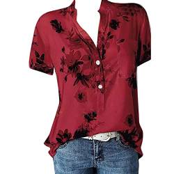 JiJiRuDU Bluse Damen Sommer Kurzarm Oberteile Tshirt V-Ausschnitte Elegant Sommershirts Mode Lose Damenblusen Knopfleiste Blumen Drucken Hemdbluse T-Shirt Tops Henley Hemd Basic Shirts von JiJiRuDU