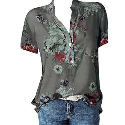 JiJiRuDU Bluse Damen Sommer Kurzarm Oberteile Tshirt V-Ausschnitte Elegant Sommershirts Mode Lose Damenblusen Knopfleiste Blumen Drucken Hemdbluse T-Shirt Tops Henley Hemd Basic Shirts von JiJiRuDU