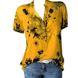 JiJiRuDU Bluse Damen Sommer Kurzarm Oberteile Tshirt V-Ausschnitte Elegant Sommershirts Mode Lose Damenblusen Knopfleiste Blumen Drucken Hemdbluse T-Shirt Tops Henley Hemd Basic Shirts von JiJiRuDU