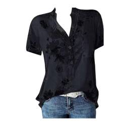 JiJiRuDU Bluse Damen Sommer Kurzarm Oberteile Tshirt V-Ausschnitte Elegant Sommershirts Mode Lose Damenblusen Knopfleiste Blumen Drucken Hemdbluse T-Shirt Tops Henley Hemd Basic Shirts von JiJiRuDU