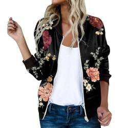 JiJiRuDU Bomberjacke Damen Blumenmuster Übergangsjacke Leicht Atmungsaktiv Blumen Blouson Jacke Motorradjacke Langarm Causal Pilotenjacke Fliegerjacke Fruhling Outwear Zip Up Vintage College Jacke von JiJiRuDU