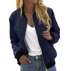 JiJiRuDU Bomberjacke Damen Langarm Leicht Blouson Jacke Fliegerjacke Atmungsaktiv Sportlich Kurzjacke mit 2 Taschen Reißverschluss Blouson Navy Blau für Fruhling Sommer Herbst von JiJiRuDU