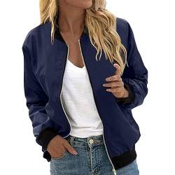 JiJiRuDU Bomberjacke Damen Übergangsjacke Kurz Langarm Jacke Motorradjacke Leichte Dünne Fliegerjacke mit 2 Taschen Blouson Navy Blau für Fruhling Sommer Herbst von JiJiRuDU