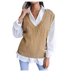 JiJiRuDU Pullover Damen Ärmelloser Weste Pullunder V-Ausschnitt Pullover Strickweste Damen Winter Herbst Ärmelloser Strickpullover Weste Vintage V-Ausschnitt, L, Khaki von JiJiRuDU