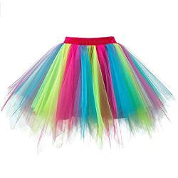 JiJiRuDU Tüllrock Damen Kurz Retro Regenbogen Tütü Rock Hohe Taille Tutu Rock Tüllrock Petticoat 50er Tutu Unterrock Tütü Minirock Reifrock Unterrock Kleid Tüll Underskirt Karneval Party Kostüm von JiJiRuDU