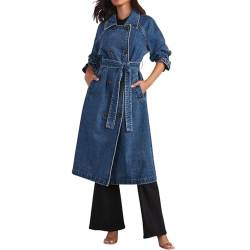 JiJiRuDU Überlanger Jeansjacke Damen Umlegekragen Distressed Lange Denim Jacke Übergangsjacke Lässige Vintage Denim Trenchcoat Longjacke Jeansjacken mit Langen Ärmeln und Taschen von JiJiRuDU