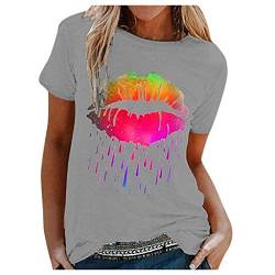 Sommer Tshirt Damen T Shirt mit Lippen Damen T-Shirt Bluse Sommer Kurzarm Oberteile Top Bunt Bedruckt Rundhals Shirt Tunika Casual Print Tee Tshirt Tops Longshirt Damen von JiJiRuDU