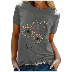 T-Shirts für Damen T-Shirt Damen Sommer Kurzarm Oberteile Pusteblume Drucken Tee Tops Casual Rundhals Loose Shirts Blusen Longshirt Damen von JiJiRuDU