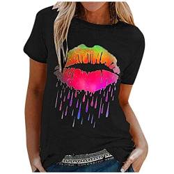 T-Shirts für Damen T Shirt mit Lippen Damen T-Shirt Bluse Sommer Kurzarm Oberteile Top Bunt Bedruckt Rundhals Shirt Tunika Casual Print Tee Tshirt Tops Longshirt Damen von JiJiRuDU